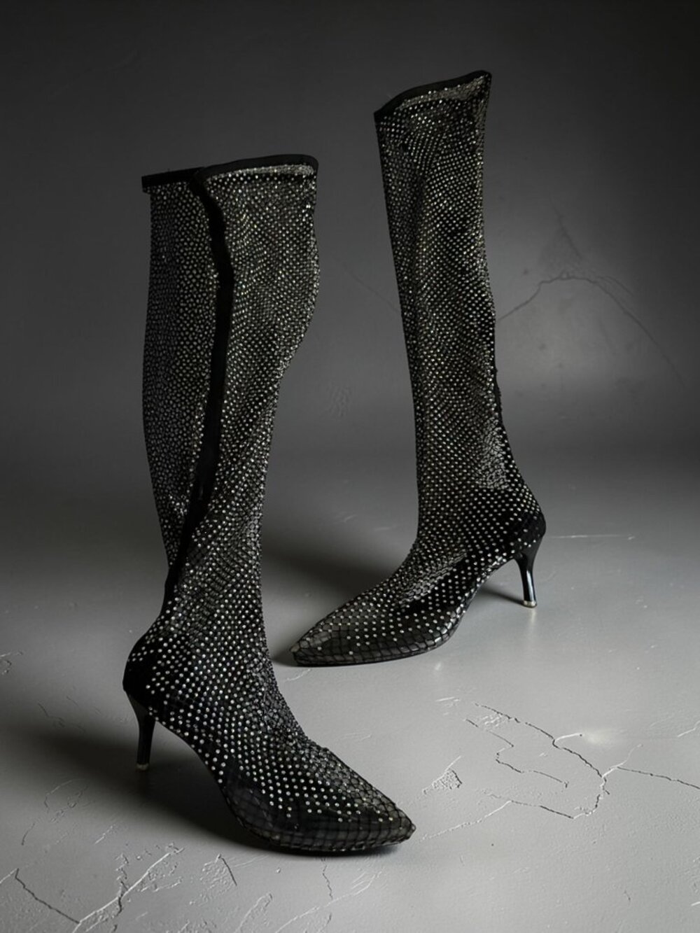 BLACK Mesh Rhinestone Pull On Boots Size JPN 24.5 / US 8.5